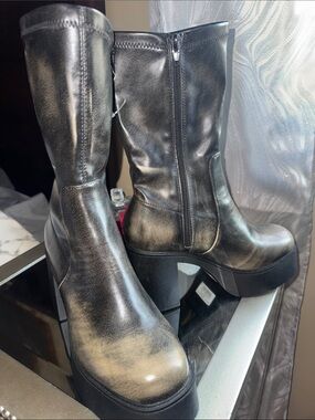 Black Charcoal Platform Mid-Calf Women's Boots with Side Zip